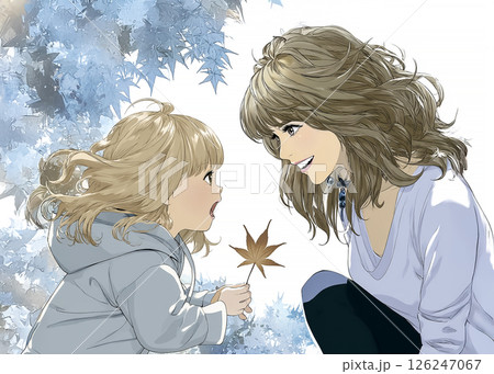 秋の紅葉を楽しむ子供と母親のイラスト素材 126247067