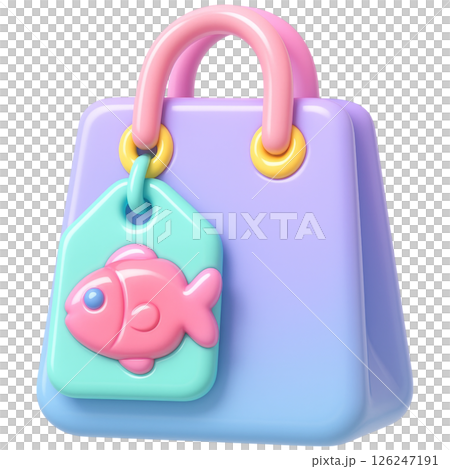 3D shopping bag with colorful fish shaped price tag attached, showcasing playful design 126247191
