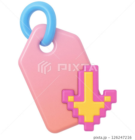 3D price tag with playful design featuring pink and yellow pixelated arrow perfect for shopping themes 126247216
