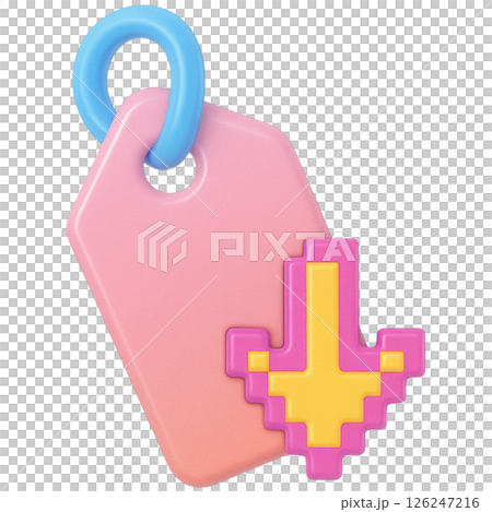 3D price tag with playful design featuring pink and yellow pixelated arrow perfect for shopping themes 126247216