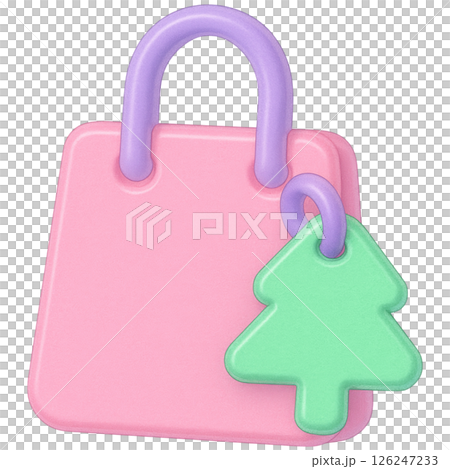 3D shopping tag with playful design featuring pink bag and green tree charm 3D shopping tag with playful design featuring pink bag and green tree charm 126247233