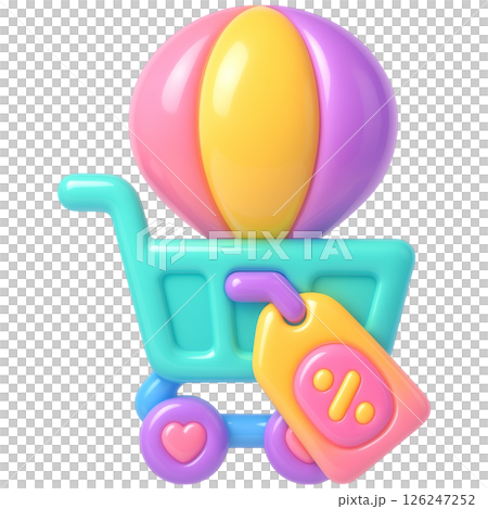colorful 3D cartoon shopping cart with plastic style features vibrant balloon and price tag colorful 3D cartoon shopping cart with plastic style features vibrant balloon and price tag 126247252