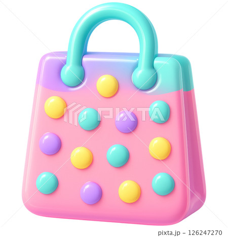 colorful 3D cartoon plastic shopping bag with playful design featuring pastel dots colorful 3D cartoon plastic shopping bag with playful design featuring pastel dots 126247270