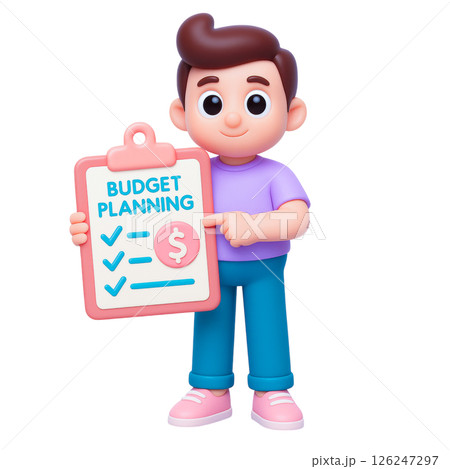 Budget planning checklist for flood insurance and safety tips, cheerful cartoon character holding clipboard, financial security concept Budget planning checklist for flood insurance and safety tips, cheerful cartoon character holding clipboard, financial security concept 126247297