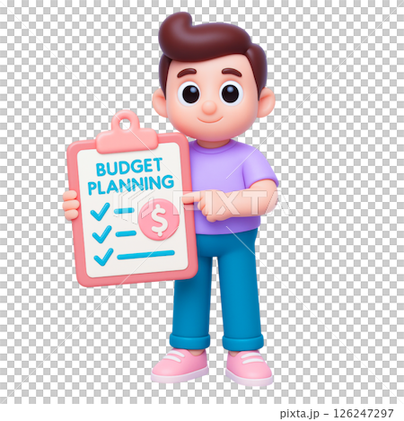Budget planning checklist for flood insurance and safety tips, cheerful cartoon character holding clipboard, financial security concept Budget planning checklist for flood insurance and safety tips, cheerful cartoon character holding clipboard, financial security concept 126247297