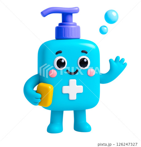 Cheerful blue cartoon soap bottle with pump and cross symbol holding yellow bar, promoting flood insurance safety awareness 126247327