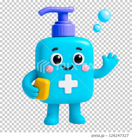 Cheerful blue cartoon soap bottle with pump and cross symbol holding yellow bar, promoting flood insurance safety awareness 126247327