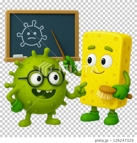 Cartoon germ and sponge discuss flood insurance safety with chalkboard showing sad virus symbol for educational awareness Cartoon germ and sponge discuss flood insurance safety with chalkboard showing sad virus symbol for educational awareness 126247329