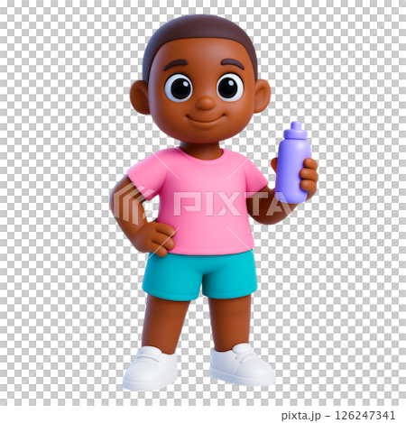 Cheerful child holding water bottle stands confidently showing safety awareness and readiness for flood insurance protection 126247341