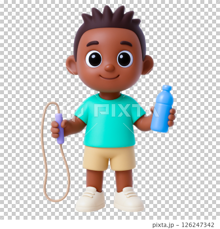 Young boy holding jump rope and water bottle, smiling, promoting flood insurance and safety awareness for children in sports activities Young boy holding jump rope and water bottle, smiling, promoting flood insurance and safety awareness for children in sports activities 126247342