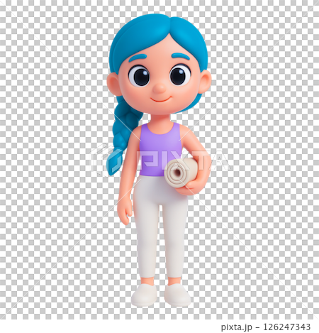 Cartoon woman with blue hair holding yoga mat stands smiling showing safety and calmness in flood insurance concept 126247343