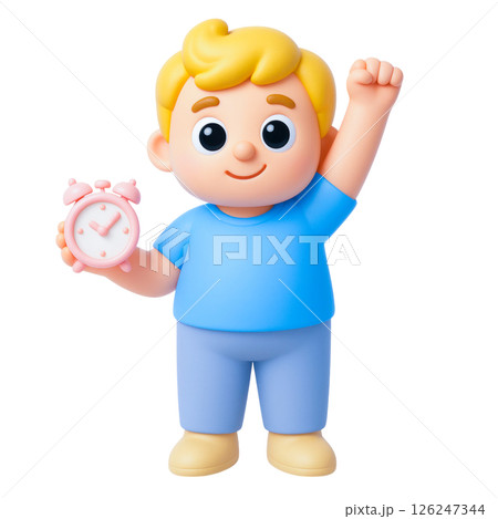 Cheerful child holding pink alarm clock with raised hand symbolizes flood insurance safety and timely protection awareness 126247344