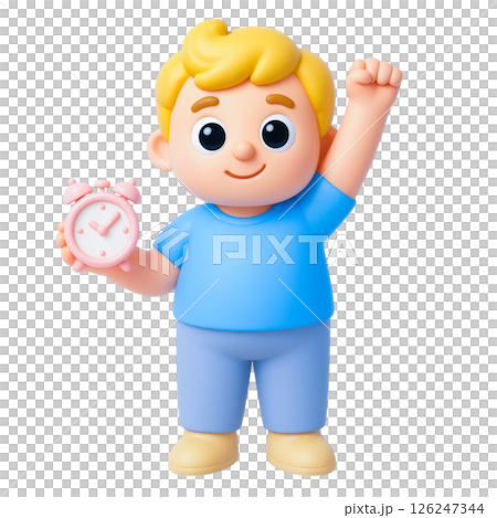 Cheerful child holding pink alarm clock with raised hand symbolizes flood insurance safety and timely protection awareness 126247344