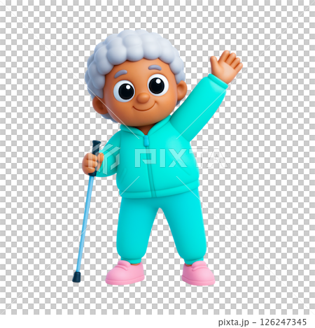 Elderly person with white hair in turquoise tracksuit holding walking stick waves with happy expression showing flood insurance safety awareness 126247345