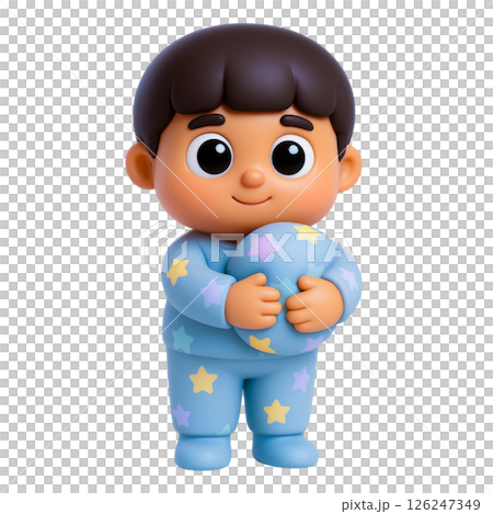 Child in blue pajamas with star pattern holding pillow, expressing safety and comfort, flood insurance concept for bedtime security Child in blue pajamas with star pattern holding pillow, expressing safety and comfort, flood insurance concept for bedtime security 126247349