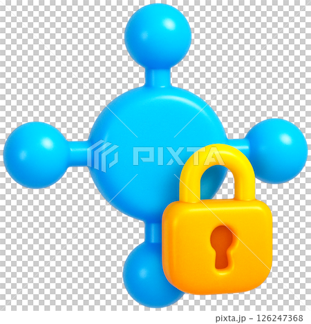 3D illustration of blue network symbol with yellow padlock representing cybersecurity 3D illustration of blue network symbol with yellow padlock representing cybersecurity 126247368