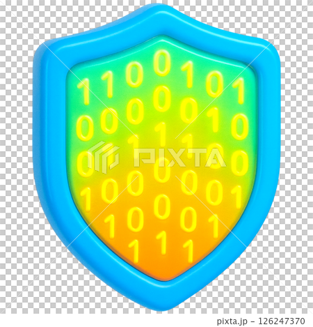 3D shield with binary code symbolizes cybersecurity protection. vibrant colors convey sense of security and innovation 3D shield with binary code symbolizes cybersecurity protection. vibrant colors convey sense of security and innovation 126247370