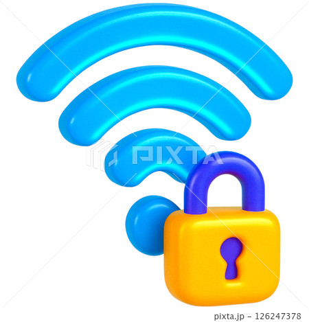 3D illustration of blue Wi Fi symbol with yellow padlock representing cybersecurity 126247378