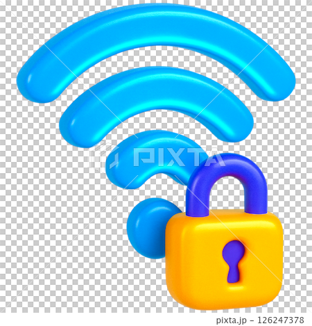 3D illustration of blue Wi Fi symbol with yellow padlock representing cybersecurity 126247378