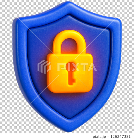 3D illustration of blue shield with yellow padlock symbolizes cybersecurity protection 126247381