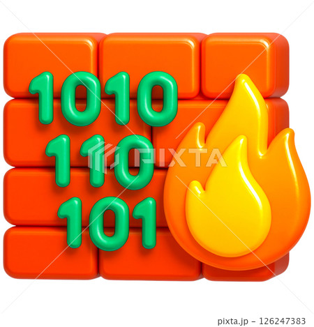 vibrant 3D illustration of firewall symbolizing cybersecurity with binary code and flame icon 126247383