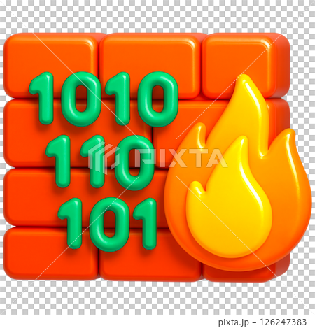vibrant 3D illustration of firewall symbolizing cybersecurity with binary code and flame icon 126247383