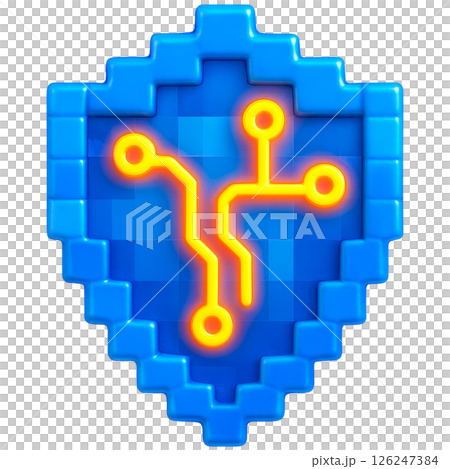 3D shield with glowing circuit design symbolizes cybersecurity protection 126247384