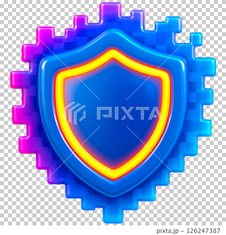 vibrant 3D shield icon symbolizes cybersecurity with pixelated design and glowing edges 126247387