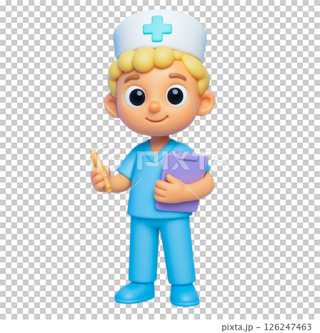 Flood insurance safety nurse cartoon character holding clipboard pen blue uniform healthcare concept 126247463