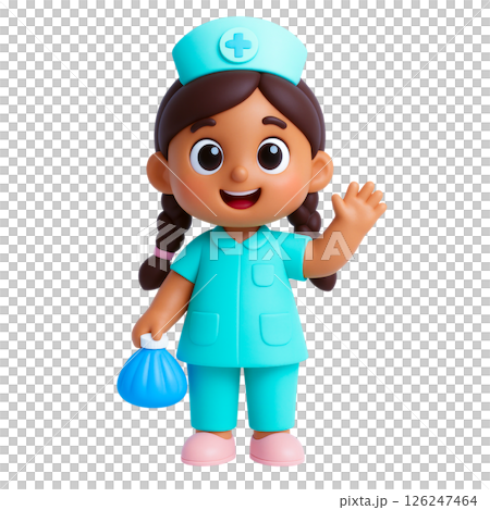 Nurse character in blue uniform holding ice pack smiling and waving symbolizing flood insurance safety and care for children 126247464
