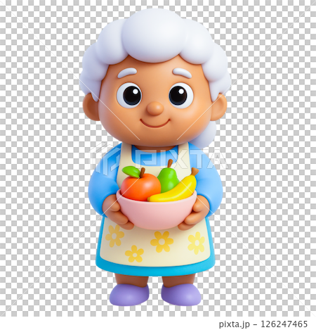 Elderly woman holding bowl of fruit with gentle smile, symbolizing safety and care, perfect for flood insurance concepts 126247465