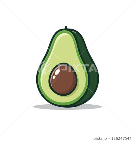 A minimal and glossy avocado half with stylized seed and soft leaf detail, designed for modern food branding or children themes. A minimal and glossy avocado half with stylized seed and soft leaf detail, designed for modern food branding or children themes. 126247544
