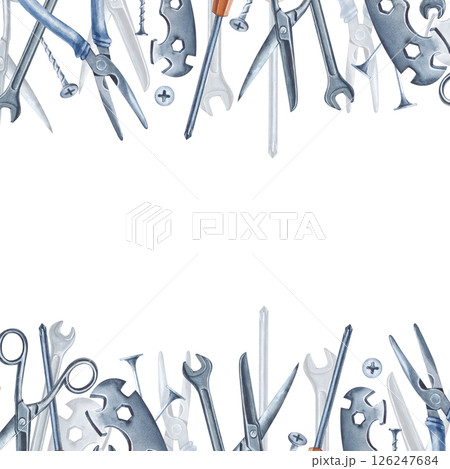 Watercolor banner with hand-drawn male instruments. There is an empty space in the middle for insertion. A square frame with working iron repair tools. 126247684
