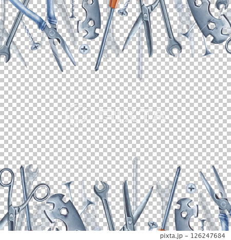 Watercolor banner with hand-drawn male instruments. There is an empty space in the middle for insertion. A square frame with working iron repair tools. 126247684