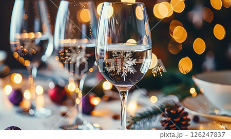 table is elegantly set for celebrating Christmas or New Year. table is elegantly set for celebrating Christmas or New Year. 126247837