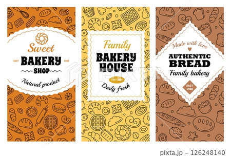 Bakery label. Baked bread logo design, product stickers with backed pastry and desserts, flour loaf baguette, croissant and bun. Bakery shop logo vector set 126248140