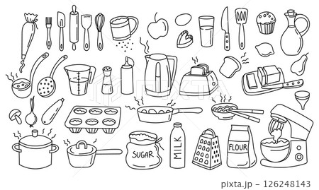 Doodle cooking icons. Kitchen line utensils sketch, hand drawn outline pot pan spatula knife fork rolling pin cutting board kitchen tools. Vector cook isolated set Doodle cooking icons. Kitchen line utensils sketch, hand drawn outline pot pan spatula knife fork rolling pin cutting board kitchen tools. Vector cook isolated set 126248143