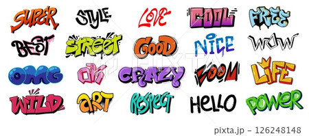 Street art graffiti. Urban wall spray painting, cool hip hop culture ink blots and scribbles, funky colorful teenage graffiti font and calligraphy street art elements. Vector set 126248148