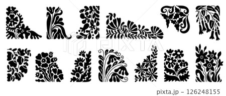 Groovy floral borders. Abstract flower frame element with decorative botanic silhouettes, retro minimal boho leaf plant corner vintage design. Vector naive flourish set 126248155