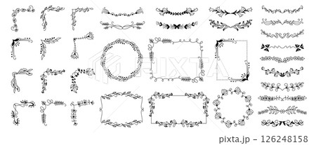 Doodle floral border. Decorative flourish frames, flowers and leaves corners, wedding invitation card ornamental dividers, cute flower circle decoration. Vector floral framing set Doodle floral border. Decorative flourish frames, flowers and leaves corners, wedding invitation card ornamental dividers, cute flower circle decoration. Vector floral framing set 126248158