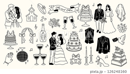 Hand drawn marriage. Wedding celebration romantic elements, cute doodle icons with bride groom rings cake flowers champagne. Vector wedding sketch set 126248160
