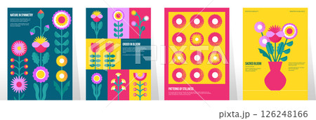Geometric flowers postcard. Abstract floral spring summer pattern for background design, modern banners with geometry flower leaves and bouquet in vase. Vector floral posters set 126248166