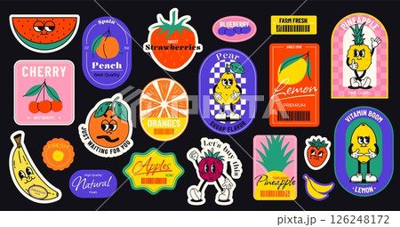 Retro cartoon fruit sticker. Comic patch with pineapple, berry, cherry, apple, strawberry, lemon and banana, cute fruits retro stickers. Vector food badge collection Retro cartoon fruit sticker. Comic patch with pineapple, berry, cherry, apple, strawberry, lemon and banana, cute fruits retro stickers. Vector food badge collection 126248172