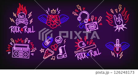 Neon rock. Retro Rock n Roll glowing logo with punk neon signs for music festival poster or rock pub, night club neon signboard design. Vector 80s rock and roll set 126248173