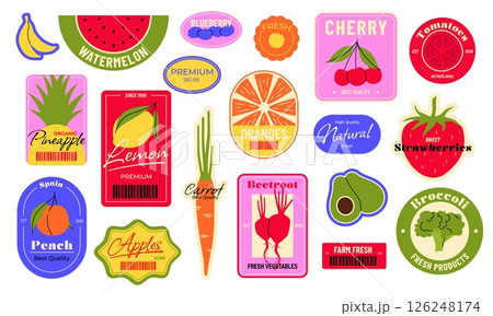 Food fruit label. Cartoon stickers with organic tropical berry apple banana cherry citrus, fresh natural badges with fruits and berries for supermarket. Vector market stickers set 126248174