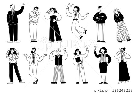 Doodle emotional people. Person emotion expressions, sketch man woman expressing happy and sad emotions feelings, doodle persons with various faces and poses. Vector set 126248213