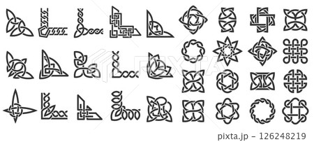 Celtic ornamental corners. Irish border frame of knotted ornate traditional Celtic decoration, knot corner elements, fancy page framing medieval design art. Vector isolated set Celtic ornamental corners. Irish border frame of knotted ornate traditional Celtic decoration, knot corner elements, fancy page framing medieval design art. Vector isolated set 126248219