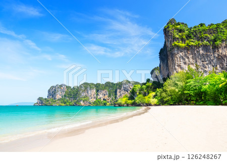Thai beautiful white sand Railay Beach and limestone rock in Krabi province, Ao Nang, Thailand. 126248267