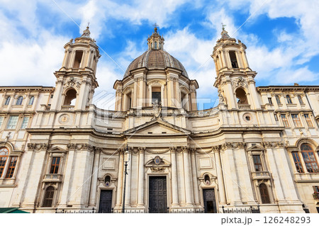 Front facade of the church of Sant'Agnese in Agone at  Piazza Navona square in sunny day, Rome, Italy. 126248293