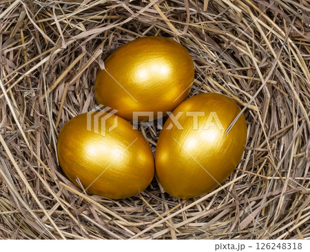 Three golden eggs in nest, top view. A concept representing wealth, savings and financial security. 126248318
